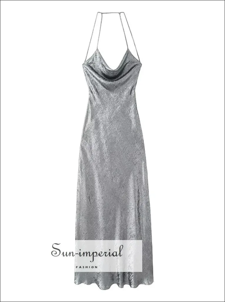 Women's Sequin Silver  Cami Strap Backless Satin Maxi Slip Dress