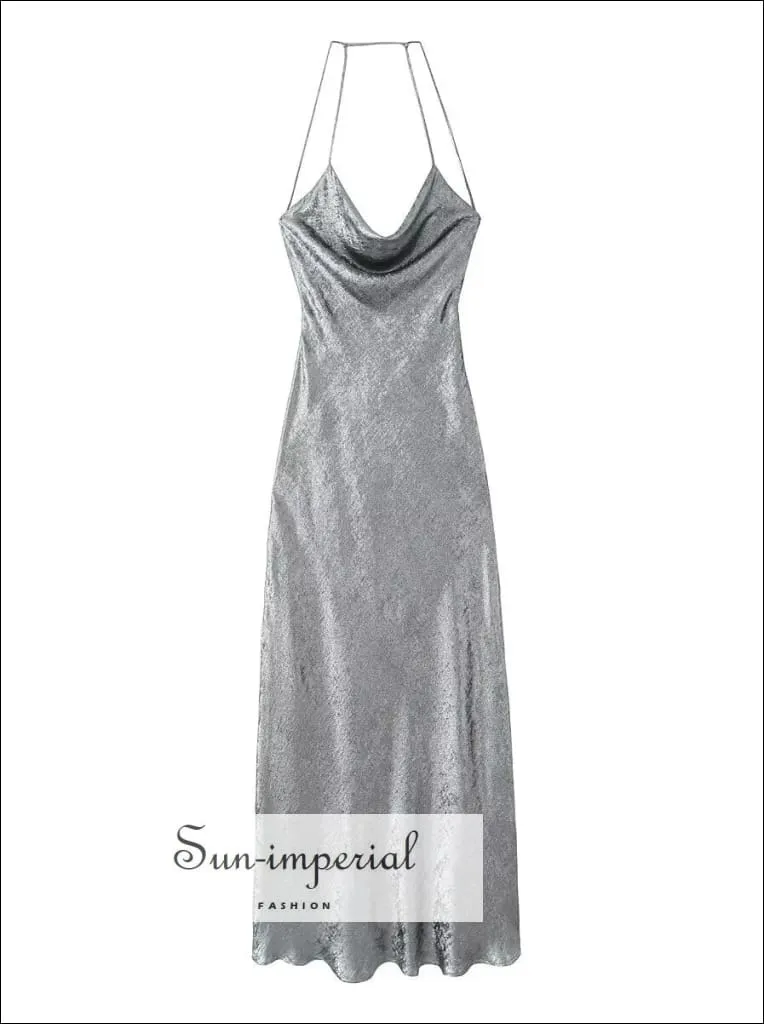 Women's Sequin Silver  Cami Strap Backless Satin Maxi Slip Dress
