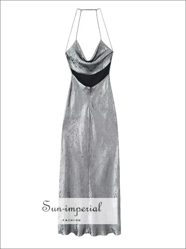 Women's Sequin Silver  Cami Strap Backless Satin Maxi Slip Dress