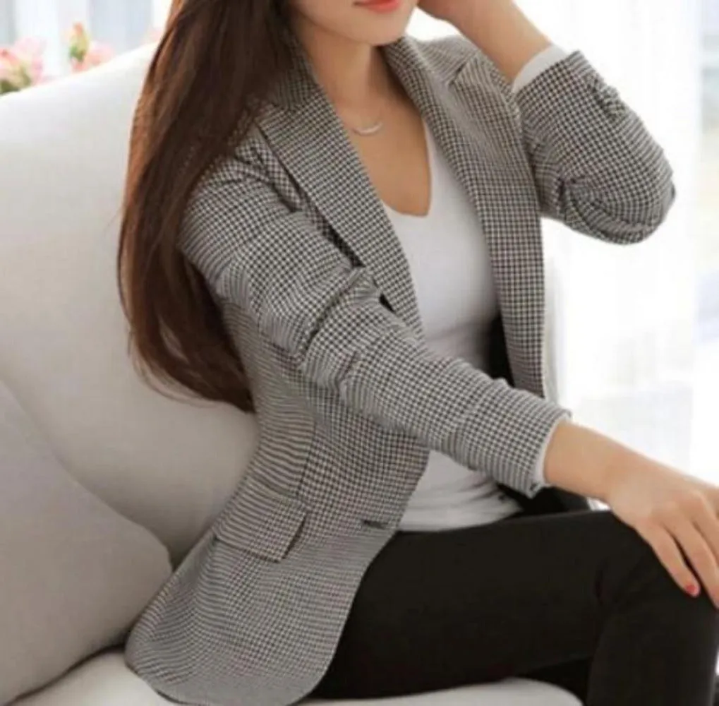 Womens Single Button Checkered Blazer