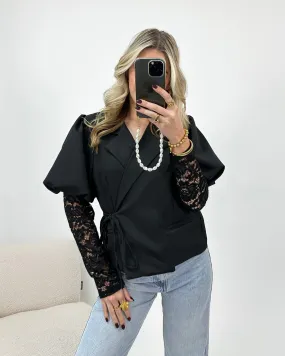 Wrap Blazer Lace Sleeve Black