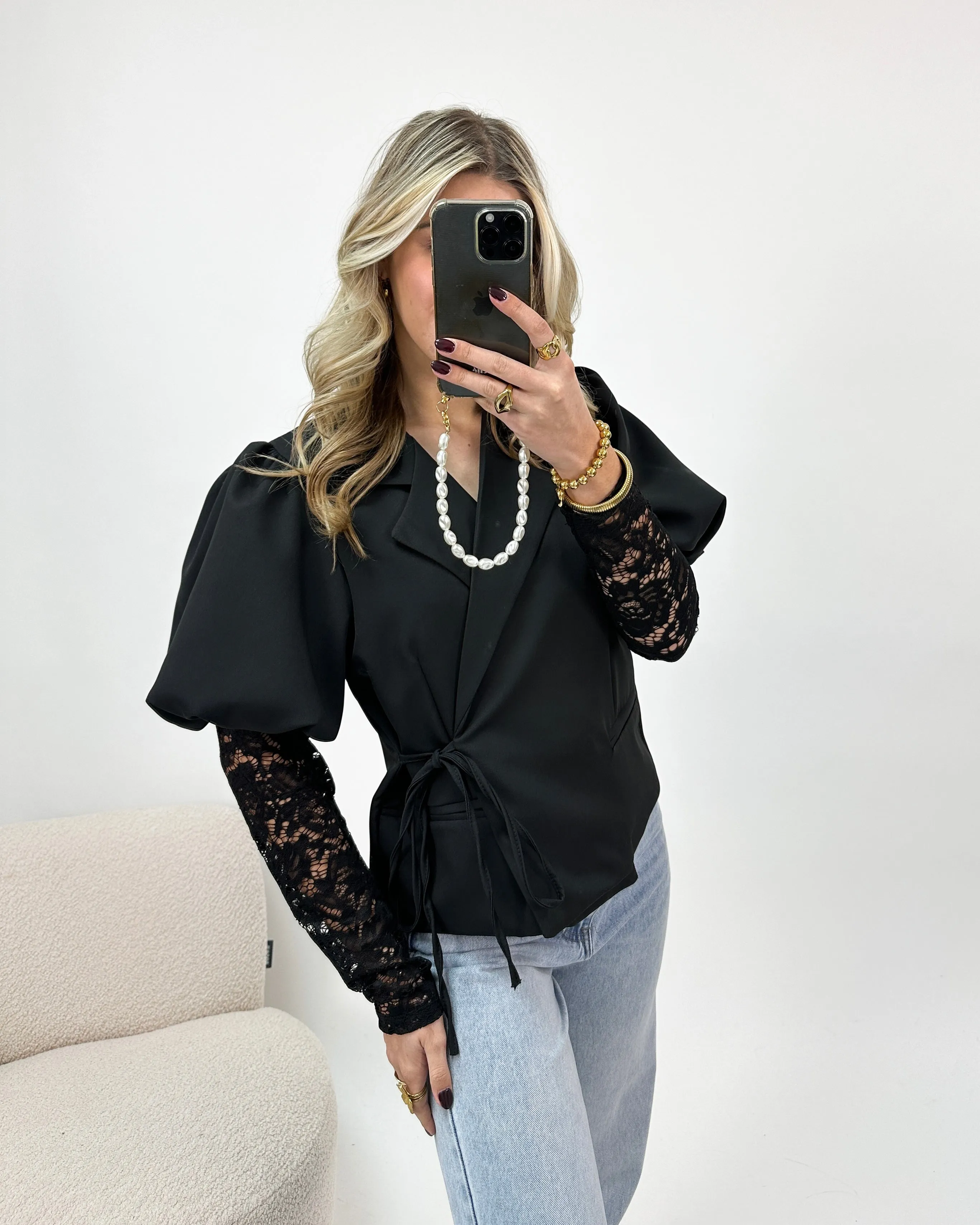 Wrap Blazer Lace Sleeve Black